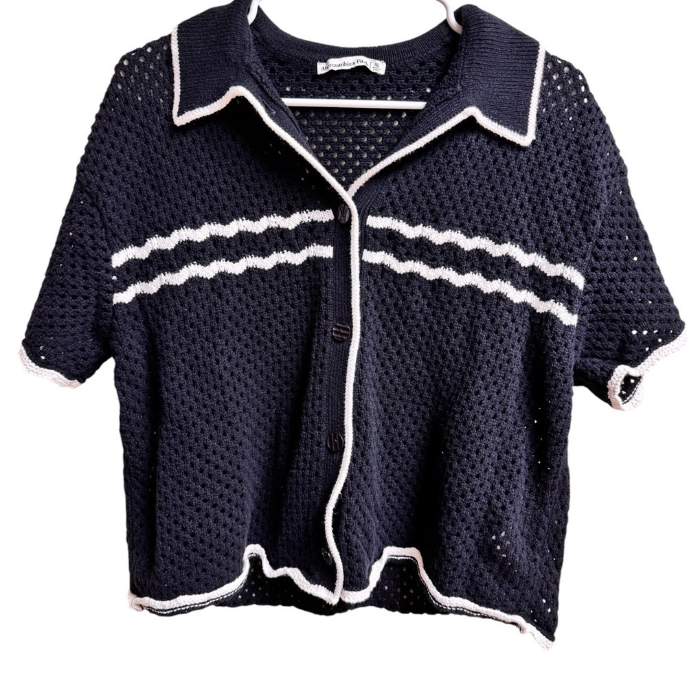 Abercrombie & Fitch Open Knit Polo Sweater Top XL Black White Cotton Blend
